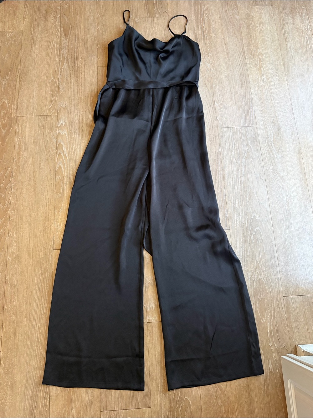 Express Satin Black Wide-Leg Jumpsuit Romper with Spaghetti Straps